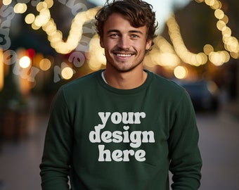 Gildan 18000 Sweatshirt Mockup, Forest Green Crewneck, Cozy Christmas, Hygge Holiday, Winter Mockup, Styled Mens Mock, POD Template