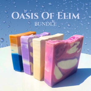 May include: A bundle of five colorful soap bars. The bars are rectangular and feature a variety of colors, including blue, orange, purple, and pink. The text "Oasis Of Elim Bundle" is displayed in white at the top of the image against a blue background.