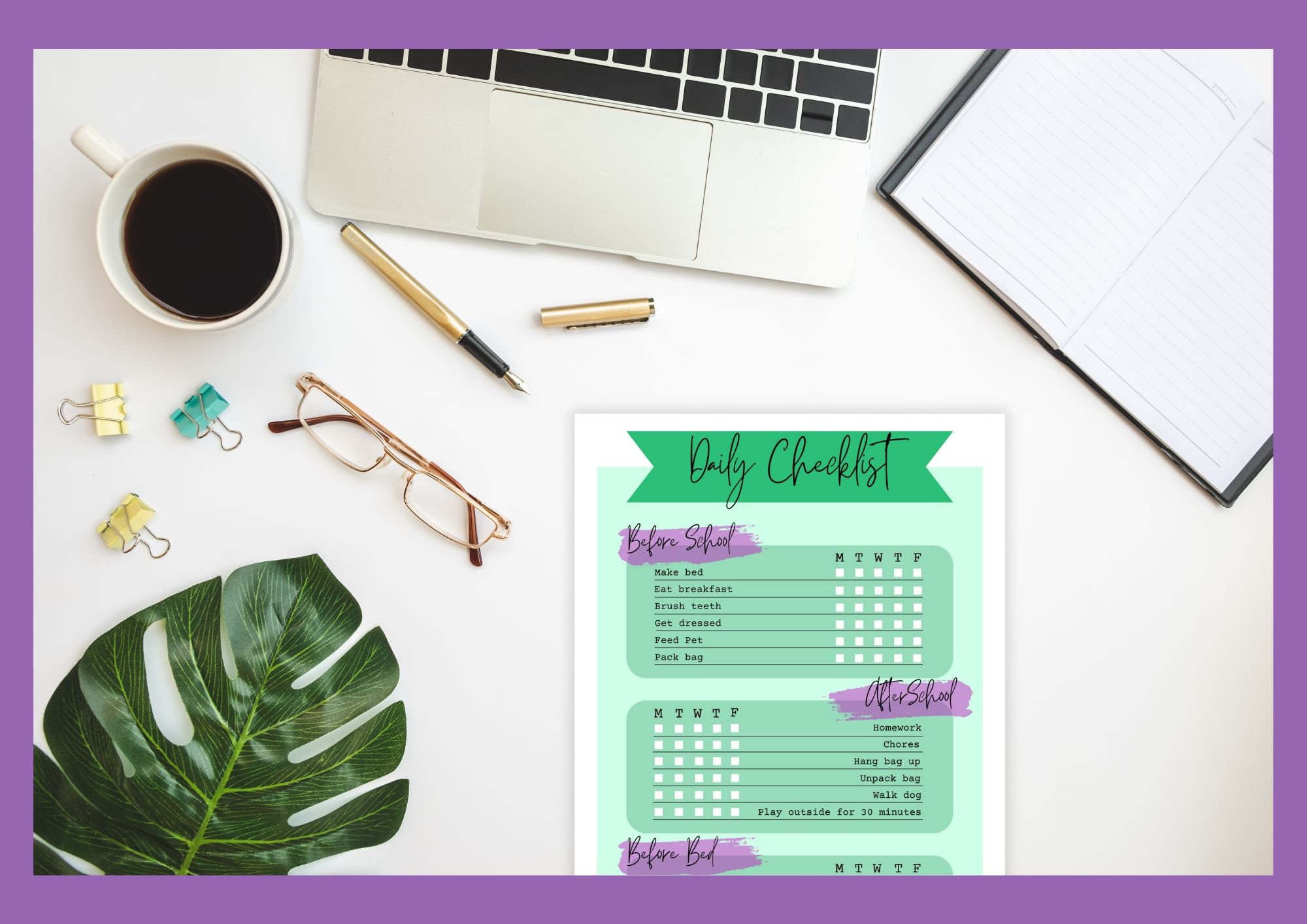 Green Daily Checklist for Kids and Teens, Bright Editable Chore Chart ...
