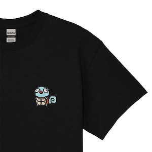 Embroidered Pixel Derpy Blue Turtle | Heavy Cotton Unisex T-shirt | Handcrafted Pixel Apparel | Unique Embroidery Gifts