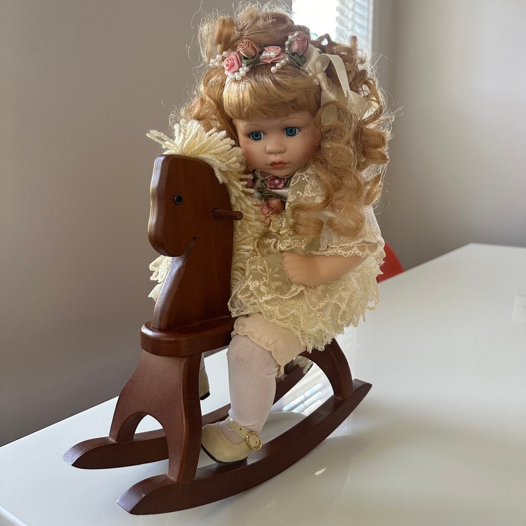 Rare Vintage Porcelain Doll on Rocking Horse Crowne Collection Blonde ...