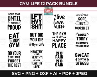 Gym Svg Bundle, Workout Shirt Svg Commercial Use File, Silhouette Art, Fitness Cut File For Cricut, Digital Download Gym Quotes Clipart, Png