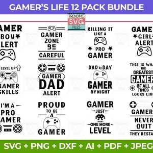 Pacchetto Gamer Svg, T Shirt Designs SVG, Gioco Svg, File di taglio, Regali di gioco, Download digitale istantaneo Clipart per camicie, Cricut, Silhouette