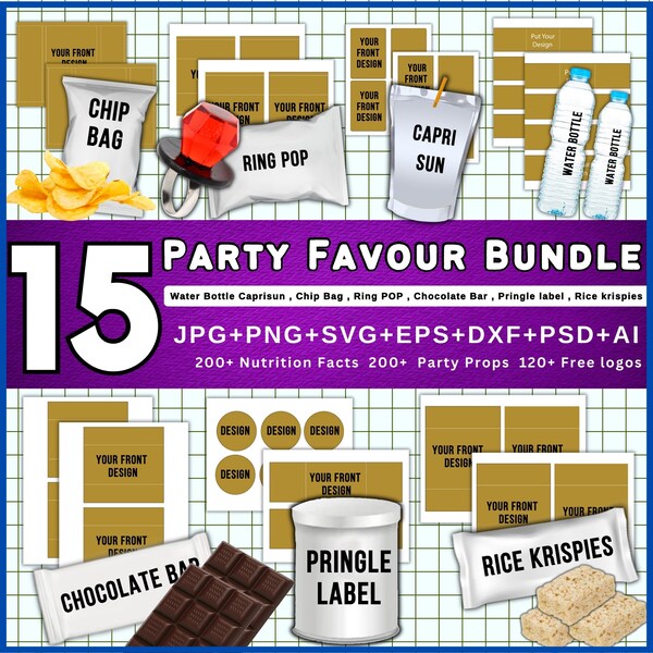 15 Party Favor Template Bundle, Chip Bag Template, Water Bottle Labels, Chocolate Bar , Pringles Template, Party Favor , SVG ,Canva Editable