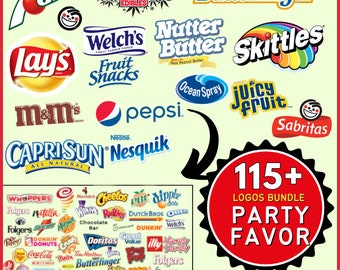 Paquete de más de 115 logotipos de Favor de fiesta, Plantilla de bolsa de chips, Etiquetas de botellas de agua, Barra de chocolate, Plantilla Pringles, Favor de fiesta, SVG, Canva editable