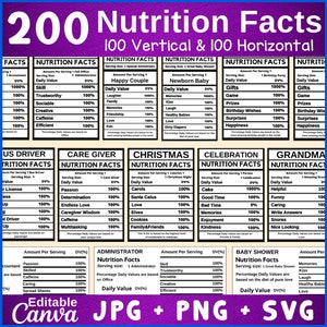 200 Nutrition Facts Template Bundle, Nutrition Facts Labels, Party Favor Bundle , Editable Canva Nutrition Facts Template ,Nutrition png