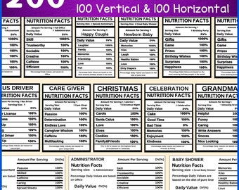 200 voedingsfeiten-sjabloonbundel, voedingsfeitenlabels, partijgunstbundel, bewerkbare Canva voedingsfeiten-sjabloon, voeding png