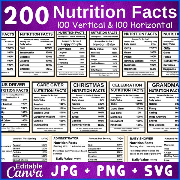 Lot de 200 modèles de valeur nutritive, étiquettes de valeur nutritive, lot de cadeaux, modèle modifiable de valeur nutritive Canva, valeur nutritive png thumbnail