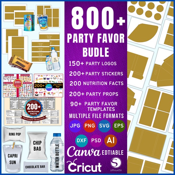 800 Party Favor Template Bundle, Chip Bag Template, Water Bottle Labels, Chocolate Bar , Pringles Template, Party Favor ,SVG ,Canva Editable