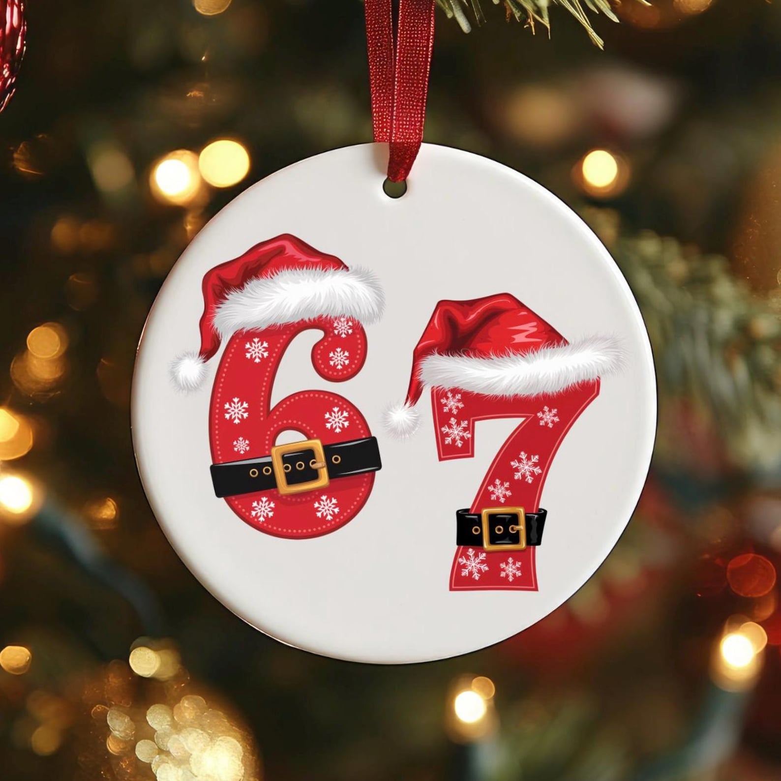 Discover Six Seven 67 Brainrot Meme Ceramic Christmas Ornament - Gen Z Alpha Xmas Gift
