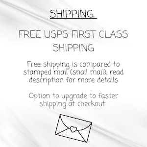 May include: Text on a white background reads "SHIPPING", "FREE USPS FIRST CLASS SHIPPING", and other shipping details. An envelope with a heart is at the bottom.