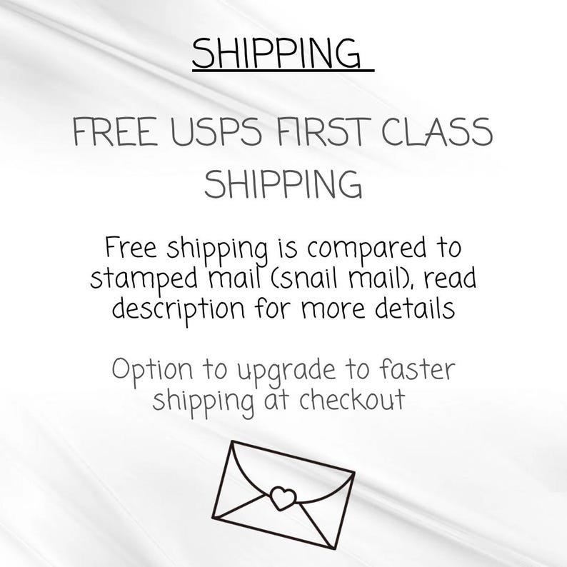May include: Text on a white background reads "SHIPPING", "FREE USPS FIRST CLASS SHIPPING", and other shipping details. An envelope with a heart is at the bottom.