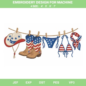 May include: An embroidery design for machine featuring a cowboy hat, a pair of cowboy boots, bikini bottoms, a bikini top, and a bandana hanging on a clothesline. All items feature a red, white, and blue American flag-inspired pattern.