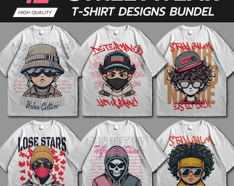 Y2K Streetwear T-Shirt Designs Bundle: Character Art (AI & EPS Files)