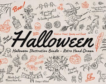 Paquete de imágenes prediseñadas de Halloween retro: Brujas dibujadas a mano (descarga digital)