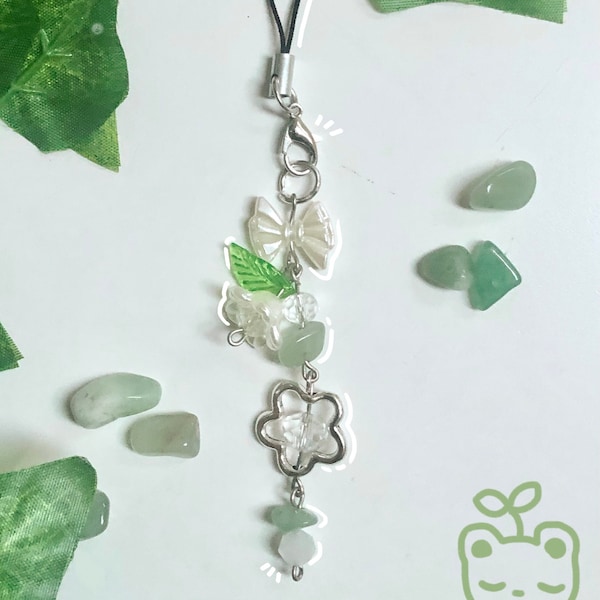 Crystal Cottagecore Beaded Phone Charm Keychain |Aventurine Crystals Pearl Green Flower Phone Strap | Handmade Accessories