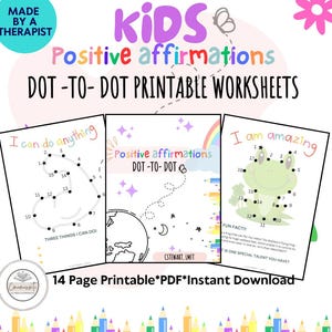 Positive Affirmations Dot-to-Dot Workbook: Kids' Therapy Activity (PDF Printable)