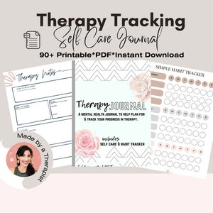 May include: A digital self-care journal with the title "Therapy Journal" and the text "A mental health journal to help plan for & track your progress in therapy." The journal includes a habit tracker and therapy notes.