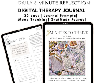 5 Minute Therapy Journal Digital PDF, Daily Self Reflection and Mood Tracking