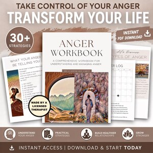 Puede incluir: Un "Cuaderno de ira" con el texto "Toma el control de tu ira, transforma tu vida". La portada presenta una obra de arte de una persona en un arco. Páginas adicionales incluyen estrategias y un registro. El cuaderno está disponible como descarga instantánea en PDF.