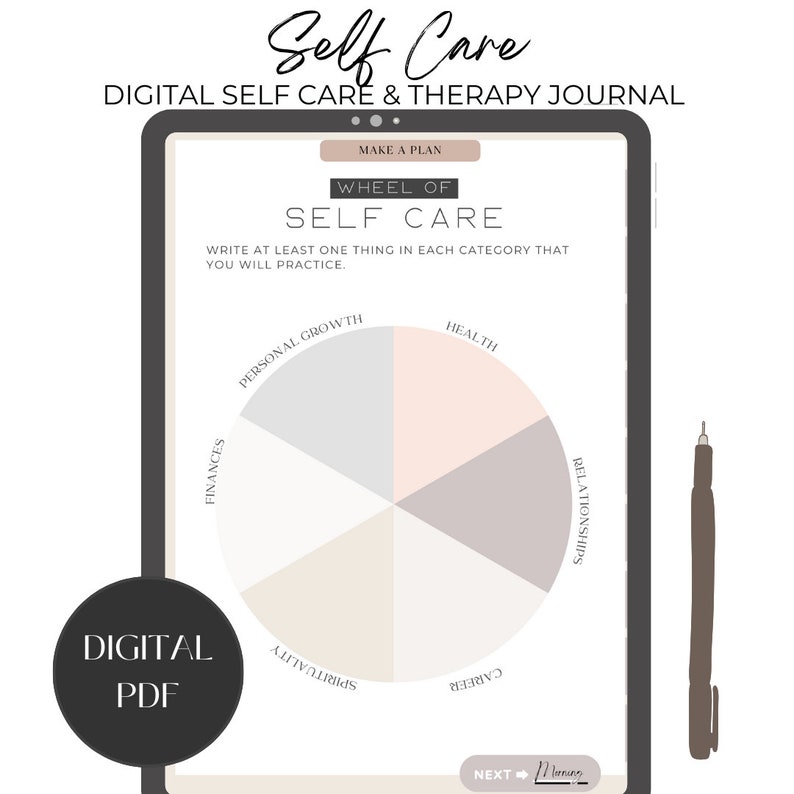 self care wheel, digital self care wheel, track your self care, personal growth tracking, relationship goals, spirituality goals, career goals, health goals, financial goals, Goodnotes Journal, Notability  Journal, Digital self care journal,