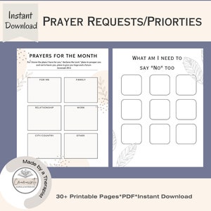 May include: Printable prayer journal with a beige background and floral accents. The journal includes sections for prayer requests for the month, including for self, family, relationships, work, city/country, and other. It also includes a section for things to say "no" to.