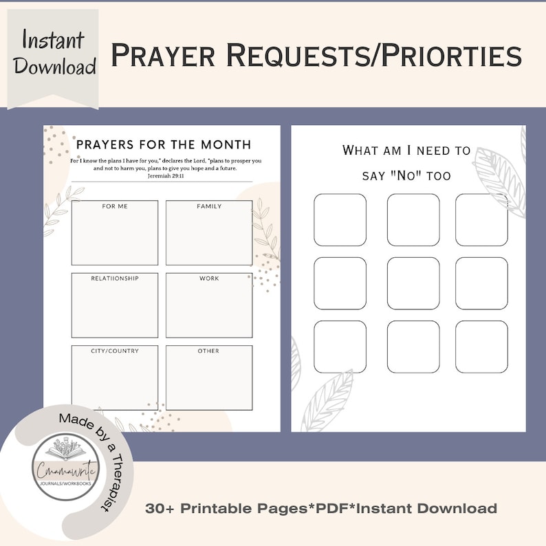 May include: Printable prayer journal with a beige background and floral accents. The journal includes sections for prayer requests for the month, including for self, family, relationships, work, city/country, and other. It also includes a section for things to say "no" to.