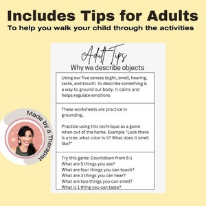 May include: A printable worksheet with tips for adults on how to help children learn to describe objects using their five senses. The worksheet includes the text "Adult Tips: Why we describe objects" and "Made by a Therapist".