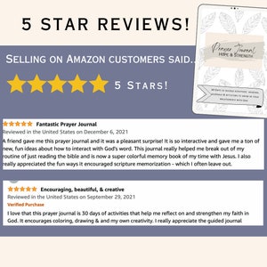 May include: Five star reviews for a prayer journal with the text "Prayer Journal Hope & Strength" on the cover. The journal features 30 days of guided scripture readings, journals, and activities to grow in your relationship with God.