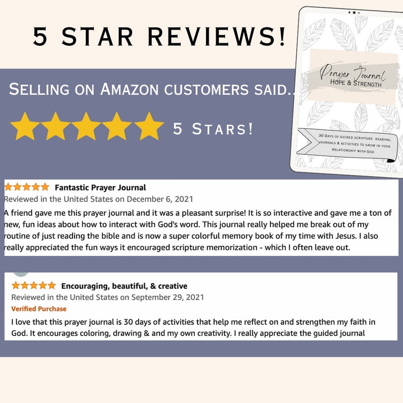 May include: Five star reviews for a prayer journal with the text "Prayer Journal Hope & Strength" on the cover. The journal features 30 days of guided scripture readings, journals, and activities to grow in your relationship with God.