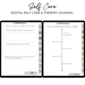 Digital self care journal, reflection questions, journal prompts, create a morning routine, create a evening routine, creating healthy habits, digital PDF journal, Goodnotes Therapy Journal, Notability Therapy Journal, Digital self care journal,
