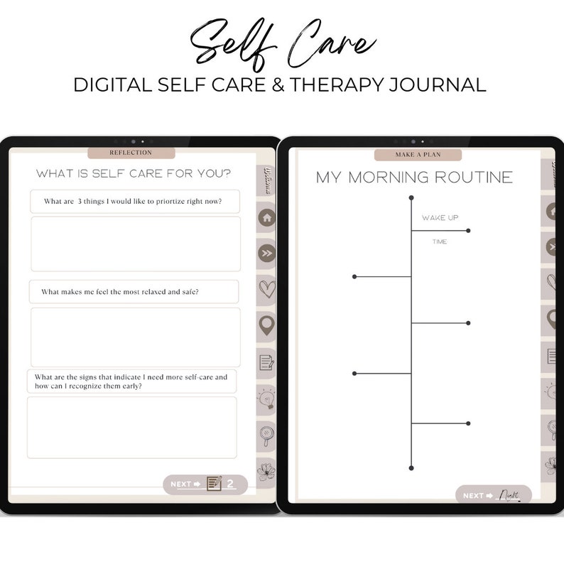 Digital self care journal, reflection questions, journal prompts, create a morning routine, create a evening routine, creating healthy habits, digital PDF journal, Goodnotes Therapy Journal, Notability Therapy Journal, Digital self care journal,