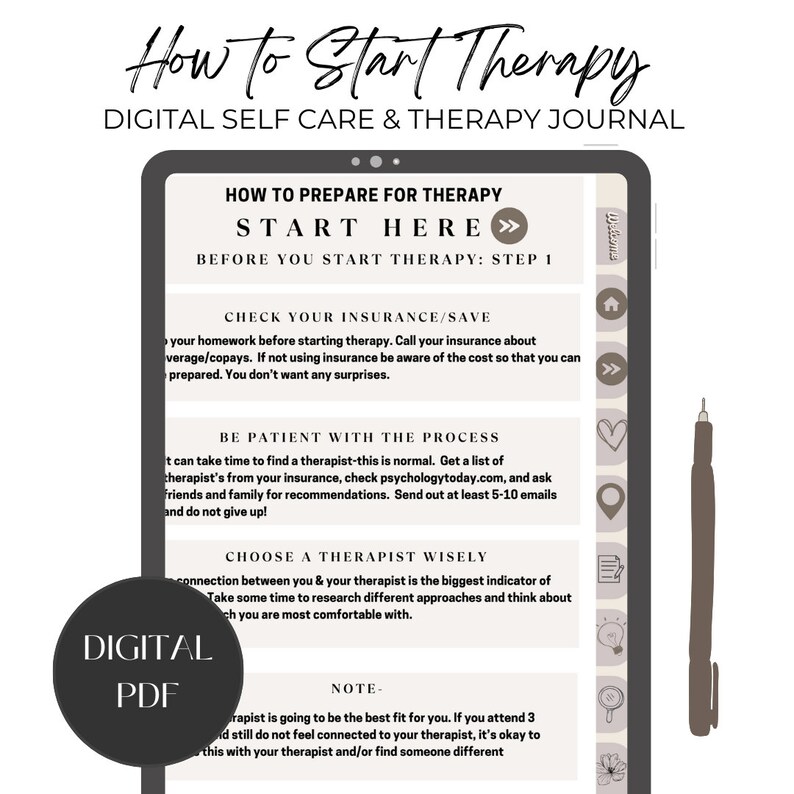How to prepare for starting therapy, how to find a therapist, how to choose a therapist, finding a therapist,  digital PDF journal, Goodnotes Therapy Journal, Notability Therapy Journal