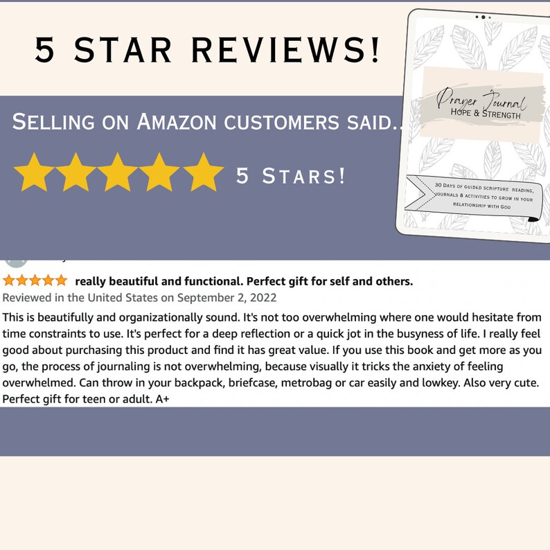 May include: Five star reviews for a prayer journal with a gray and white floral design on the cover. The journal is titled "Prayer Journal Hope & Strength" and has the text "30 Days of Guided Scripture Readings, Journals & Activities to Grow in Your Relationship with God".