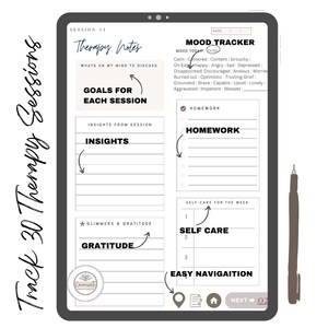 Track 30 therapy sessions, track therapy, track your growth in therapy, digital PDF journal, Goodnotes Therapy Journal, Notability Therapy Journal, Digital self care journal, Therapy goals, Daily gratitude, Therapy homework, Mood tracker