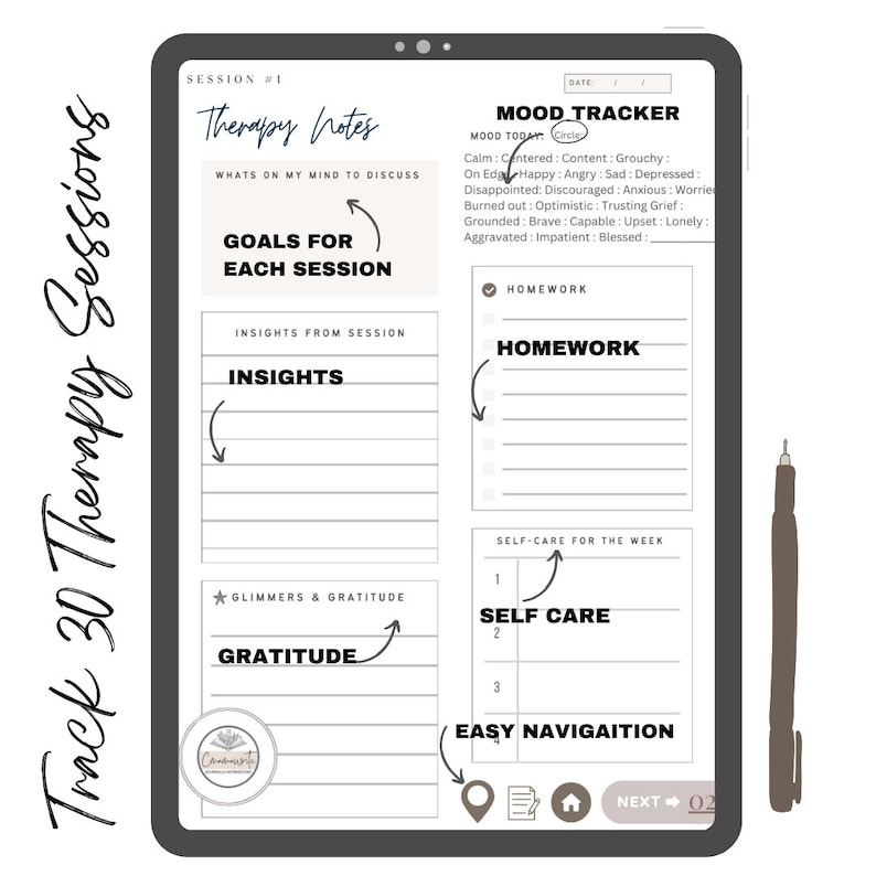 Track 30 therapy sessions, track therapy, track your growth in therapy, digital PDF journal, Goodnotes Therapy Journal, Notability Therapy Journal, Digital self care journal, Therapy goals, Daily gratitude, Therapy homework, Mood tracker
