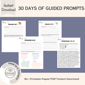 May include: A printable journal with 30 days of guided prompts based on Bible verses. The journal features a floral design and the text "30 Days of Guided Prompts".