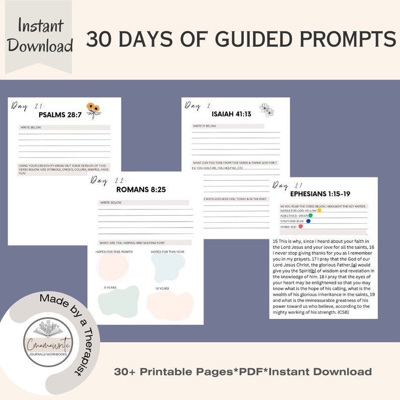 May include: A printable journal with 30 days of guided prompts based on Bible verses. The journal features a floral design and the text "30 Days of Guided Prompts".