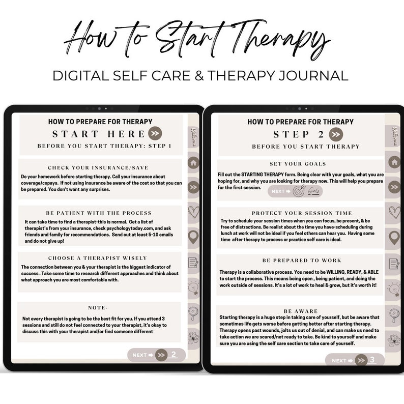 How to start therapy, how to find a therapist, how to set therapy goals, protect your session time, be prepared work, set time for yourself, therapy journal, Track 30 therapy sessions, track therapy, track your growth in therapy, digital PDF journal