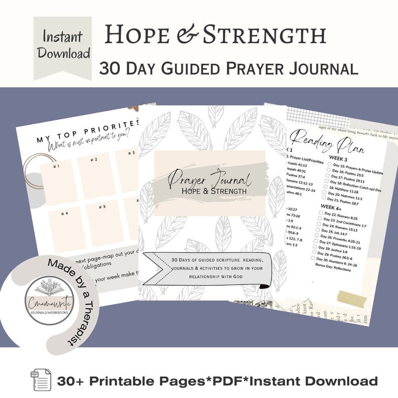 30 day prayer journal, prayer journal for women, christian devotional, daily devotional, hope, strength, growing in gods word, scripture writing, journal prompts, 30 days of journal prompts, proverbs 31 woman, christian gifts, gifts for women