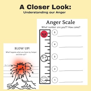 May include: A black and white illustration of a volcano erupting with red lava. The text "BLOW UP!" is above the volcano. The text "What happens when you loose my temper and blow up??" is below the volcano. The text "Ex: I yell!" is to the left of the volcano. A black and white anger scale with five levels is on the right side of the image. The scale has five circles with numbers 1 through 5. The circles are next to black and white faces that show different levels of anger. The text "Anger Scale" is at the top of the scale. The text "What number are you?? How come?" is below the title.