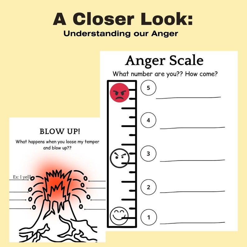 May include: A black and white illustration of a volcano erupting with red lava. The text "BLOW UP!" is above the volcano. The text "What happens when you loose my temper and blow up??" is below the volcano. The text "Ex: I yell!" is to the left of the volcano. A black and white anger scale with five levels is on the right side of the image. The scale has five circles with numbers 1 through 5. The circles are next to black and white faces that show different levels of anger. The text "Anger Scale" is at the top of the scale. The text "What number are you?? How come?" is below the title.