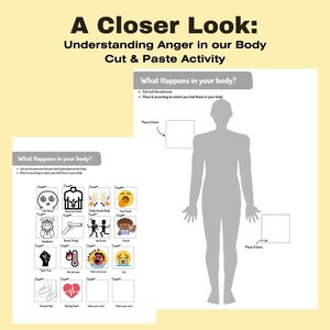 May include: A printable worksheet with a cut and paste activity for understanding anger in the body. The worksheet includes a silhouette of a person with blank spaces to place cut-out images of physical and emotional reactions to anger, such as feeling dizzy, stomach hurts, sweaty hands, feeling tired, headache, tight fists, hot all over, yell or scream, dry mouth, stomp feet, racing heart, and more.
