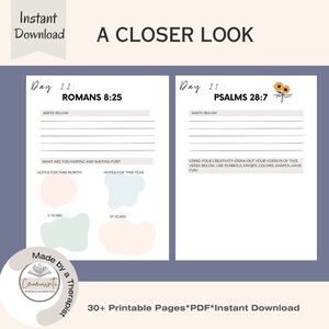 May include: A printable journal page with a light blue and pink background. The page is divided into two sections, each with a different Bible verse. The top section features the verse Romans 8:25 and the bottom section features the verse Psalms 28:7. The page also includes space for writing and drawing.
