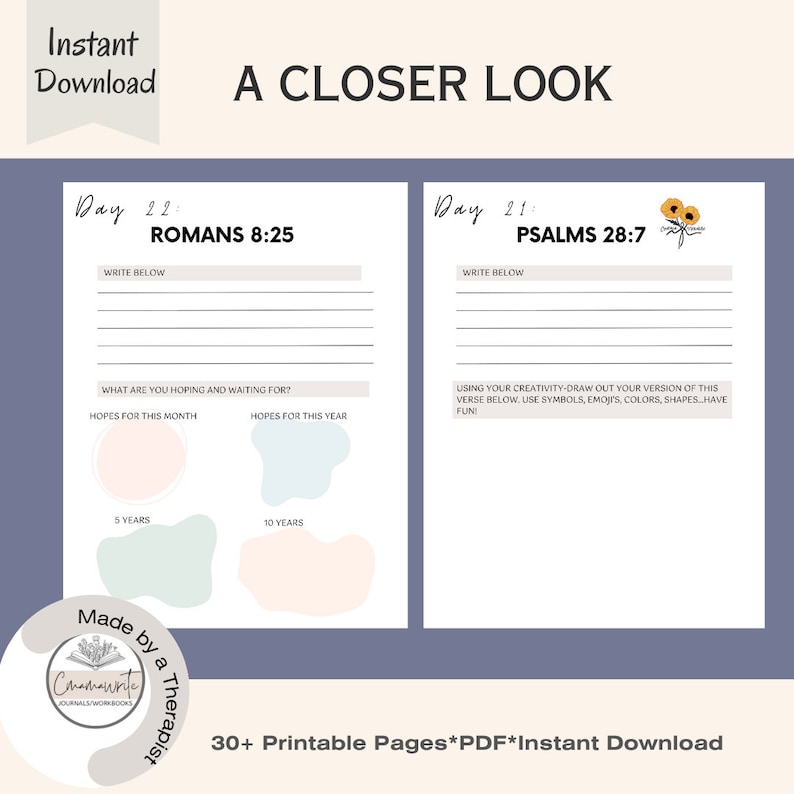 May include: A printable journal page with a light blue and pink background. The page is divided into two sections, each with a different Bible verse. The top section features the verse Romans 8:25 and the bottom section features the verse Psalms 28:7. The page also includes space for writing and drawing.