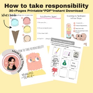 May include: A printable PDF download for teaching children how to take responsibility. The colorful worksheets feature ice cream cones, a bear character, and a therapist. The worksheets include activities like practicing apologies and identifying consequences for behaviors.