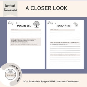 May include: A printable journal page with a tree illustration and the text "Day 25: PSALMS 28:7" and "WRITE BELOW". The page includes prompts for reflection and journaling.