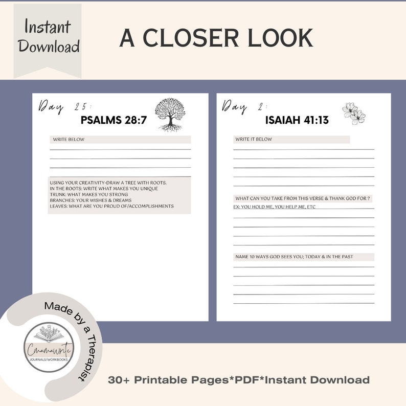 May include: A printable journal page with a tree illustration and the text "Day 25: PSALMS 28:7" and "WRITE BELOW". The page includes prompts for reflection and journaling.