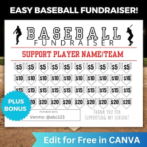 Peut inclure: Un modèle de collecte de fonds de baseball imprimable avec un fond de terrain de baseball. Le modèle présente la silhouette d'un joueur de baseball, le texte "BASEBALL FUNDRAISER" et une grille de bases de baseball avec des montants en dollars allant de 5 $ à 20 $. Le texte "SUPPORT PLAYER NAME/TEAM" est en haut de la grille. Le texte "PLUS BONUS" est dans un cercle bleu en bas à gauche de la grille. Le texte "PAYMENT INFO. Venmo: @abc123" est sous la grille. Le texte "THANK YOU FOR SUPPORTING MY SEASON!" est en bas à droite de la grille. Le texte "Edit for Free in CANVA" est en bas du modèle.