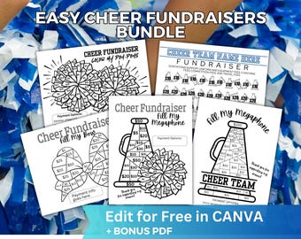 May include: A set of printable cheer fundraiser templates. The templates feature a cheer bow, a megaphone, and a pom-pom. The templates are designed to be filled in with dollar amounts and can be used to raise money for cheerleading teams. The text on the templates reads "Cheer Fundraiser Fill My Bow", "Cheer Fundraiser Fill My Megaphone", and "Cheer Team Name Here Fundraiser".